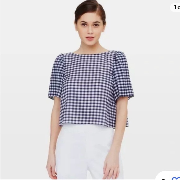 CLUB MONACO XS 100% SILK Gingham Open Tie-Back crop blouse - Picture 1 of 6
